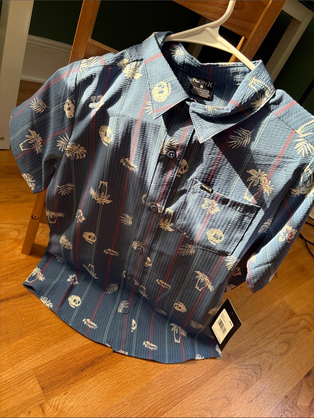 Hurley Navy Short-Sleeve Button-Down Shirt with Skull & Palm Print
